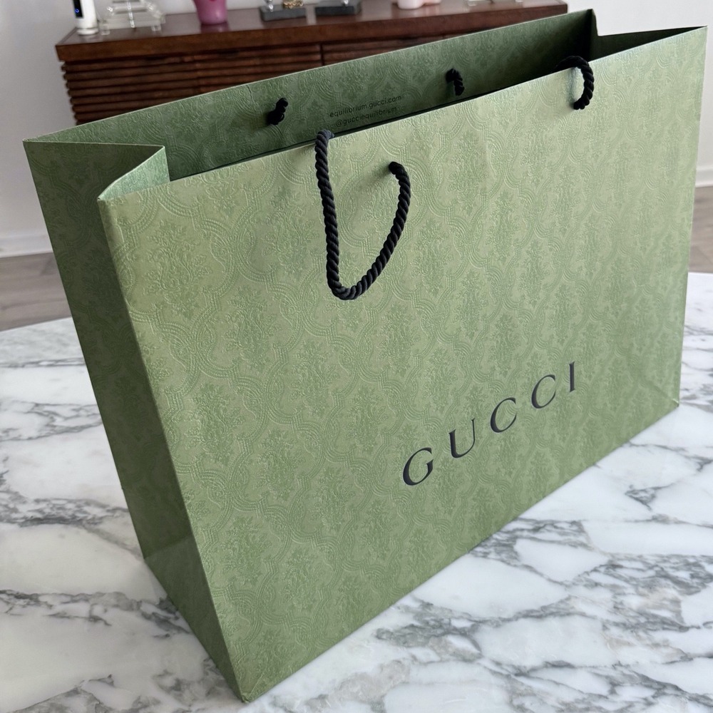 Gucci Large Green Embossed Damask Paper Shopping‎ Bag Rope Handles 22"x17"x7.5"